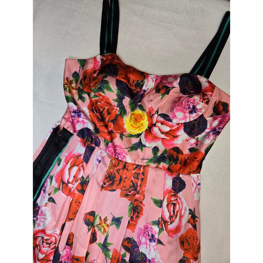 Dalia MacPhee Floral Pleated Bustier Midi Dress Pink Baroque Border Print Medium